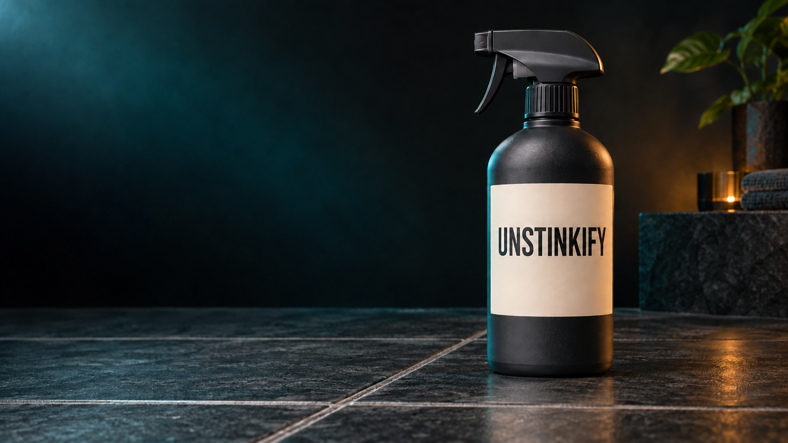 Concept bottle labeled Unstinkify on dark tile and grout